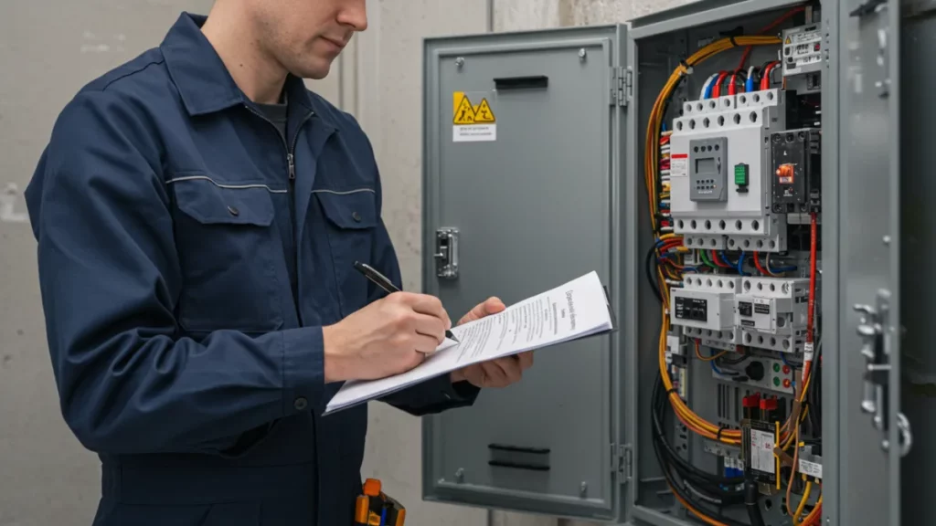 Elettricista qualificato che controlla un quadro elettrico e rilascia certificazione.