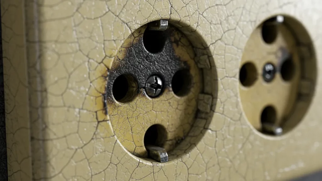 Presa elettrica vecchia, annerita o con segni di bruciatura.