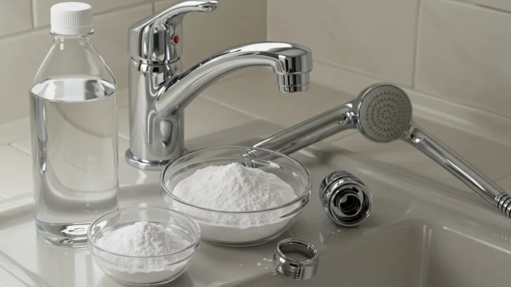 Aceto bianco e bicarbonato vicino a un rubinetto, come rimedi naturali anticalcare.