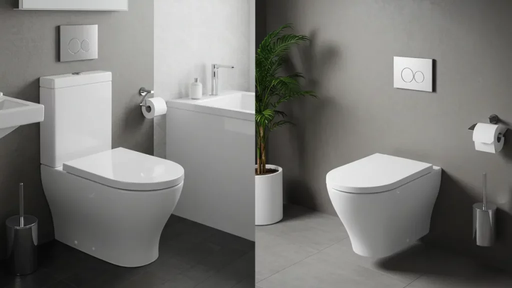 Confronto tra un bagno con WC a terra e uno con WC sospeso.