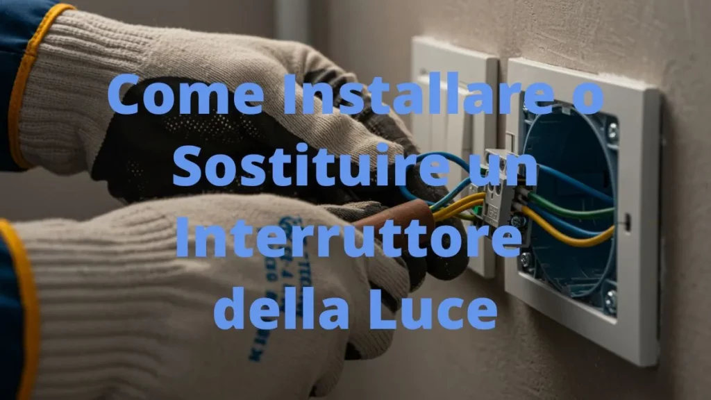 Mani guantate di un elettricista che installa con cura un interruttore della luce in una scatola a muro.