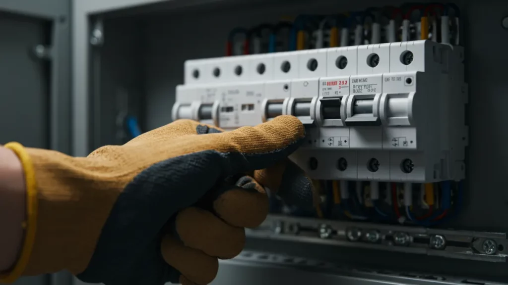 Mano che spegne l'interruttore generale nel quadro elettrico prima di iniziare i lavori.