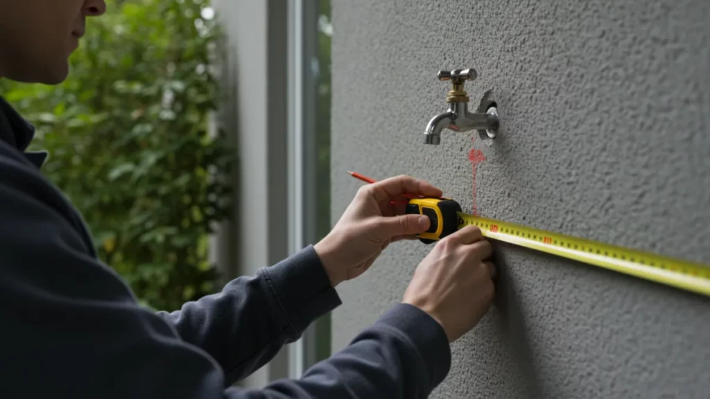 Persona che pianifica la posizione di un rubinetto esterno su un muro.