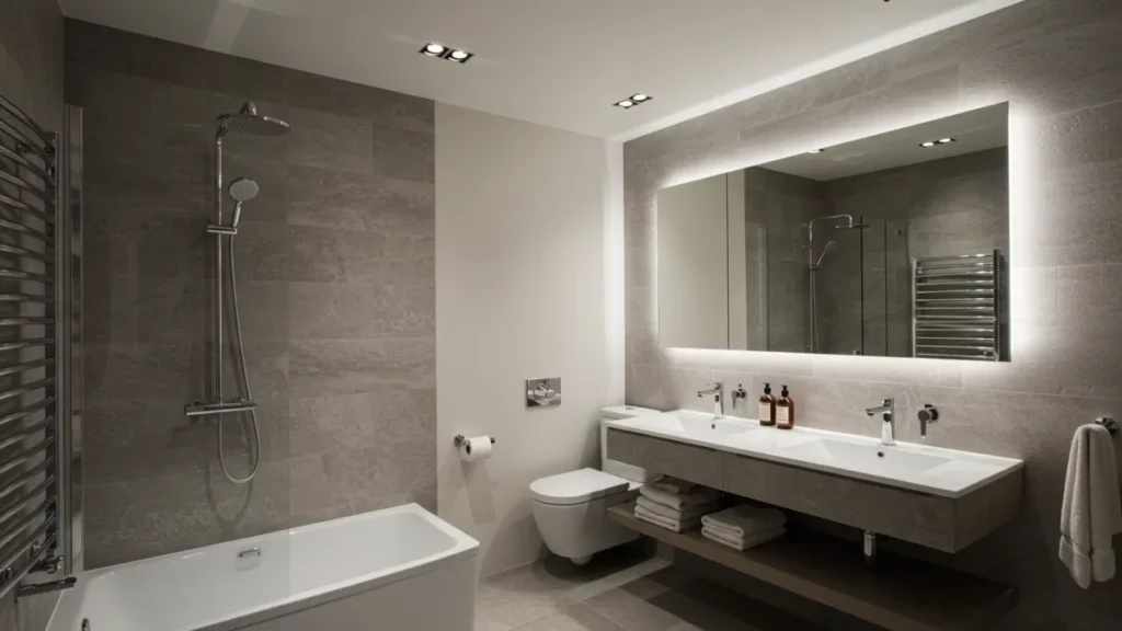 Bagno moderno con illuminazione diffusa e luci specifiche attorno allo specchio.