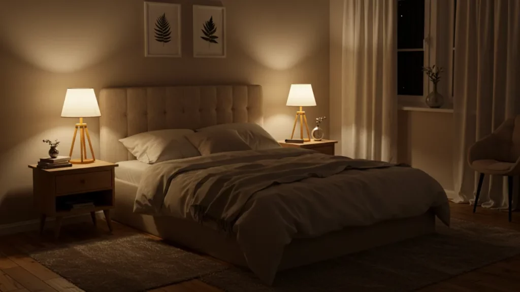 Camera da letto con illuminazione soffusa generale e abat-jour sui comodini.