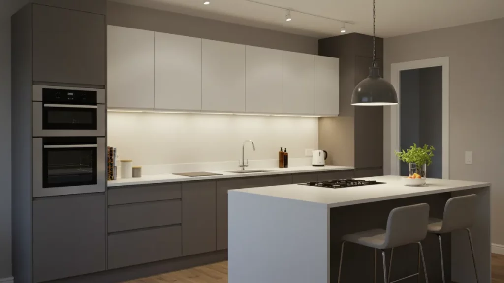 Cucina moderna con illuminazione sotto i pensili e faretti sul piano di lavoro.