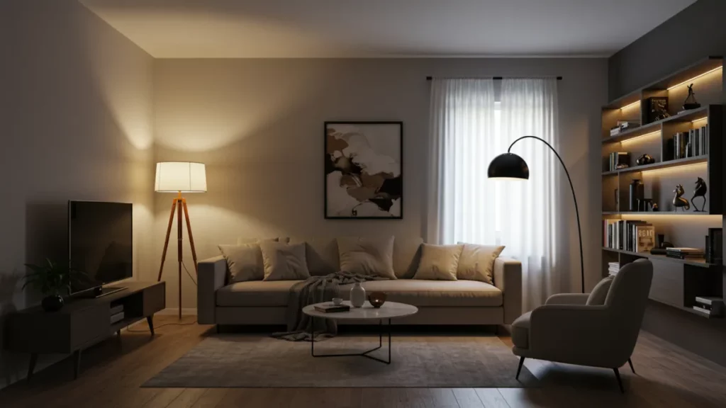 Soggiorno con diverse fonti luminose (generale, funzionale, accento) per creare atmosfera.