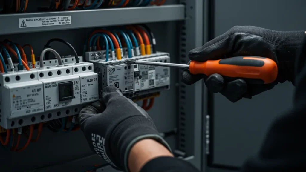 Elettricista professionista mentre installa con cura uno scaricatore di sovratensione (SPD) in un quadro elettrico.