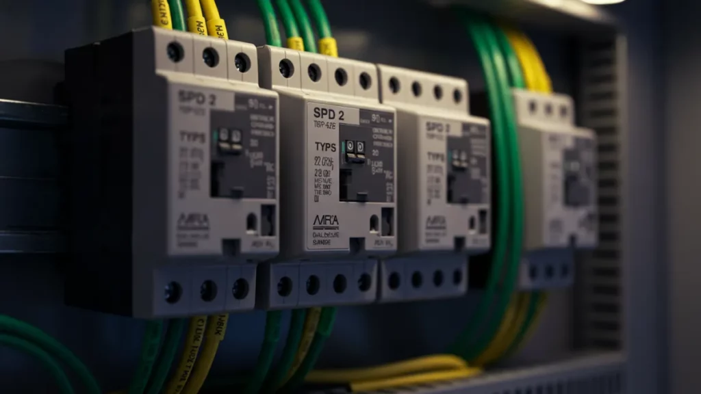 Dettaglio di scaricatori di sovratensione (SPD) installati professionalmente all'interno di un quadro elettrico.