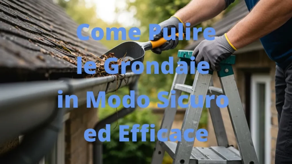 Operazione di pulizia grondaie eseguita in sicurezza con scala.