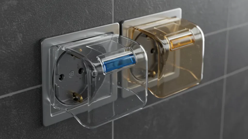 Presa elettrica stagna con coperchio protettivo in un bagno.