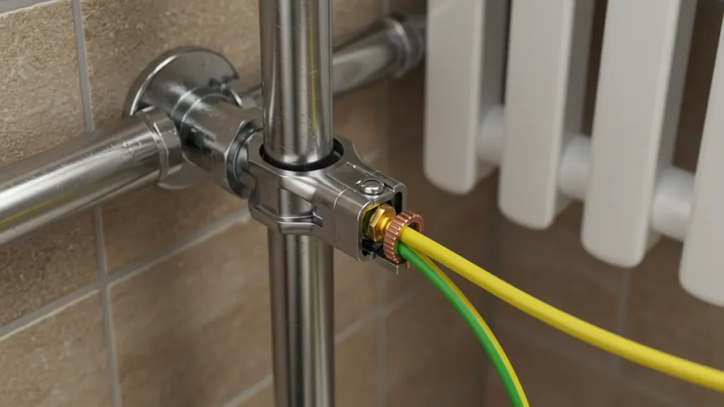 Collegamento equipotenziale di tubazioni metalliche in un bagno.