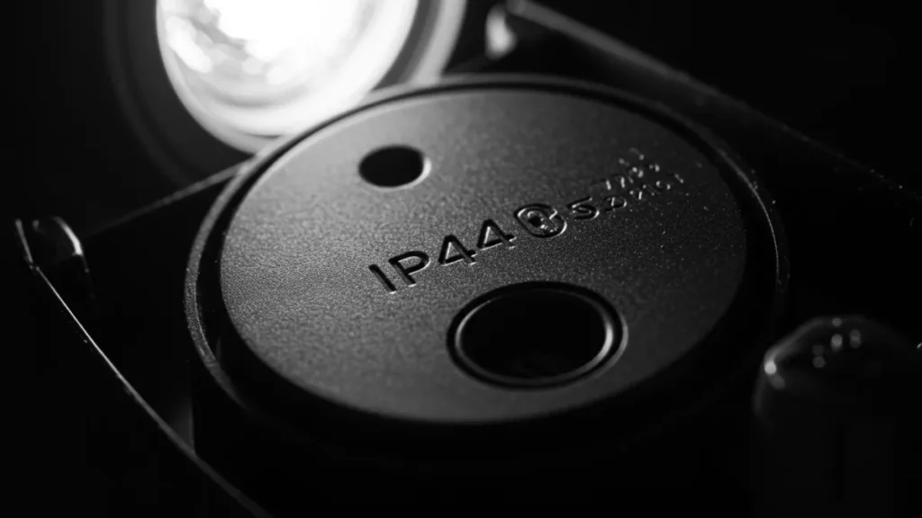 Dettaglio di un componente elettrico con marcatura del grado di protezione IP.