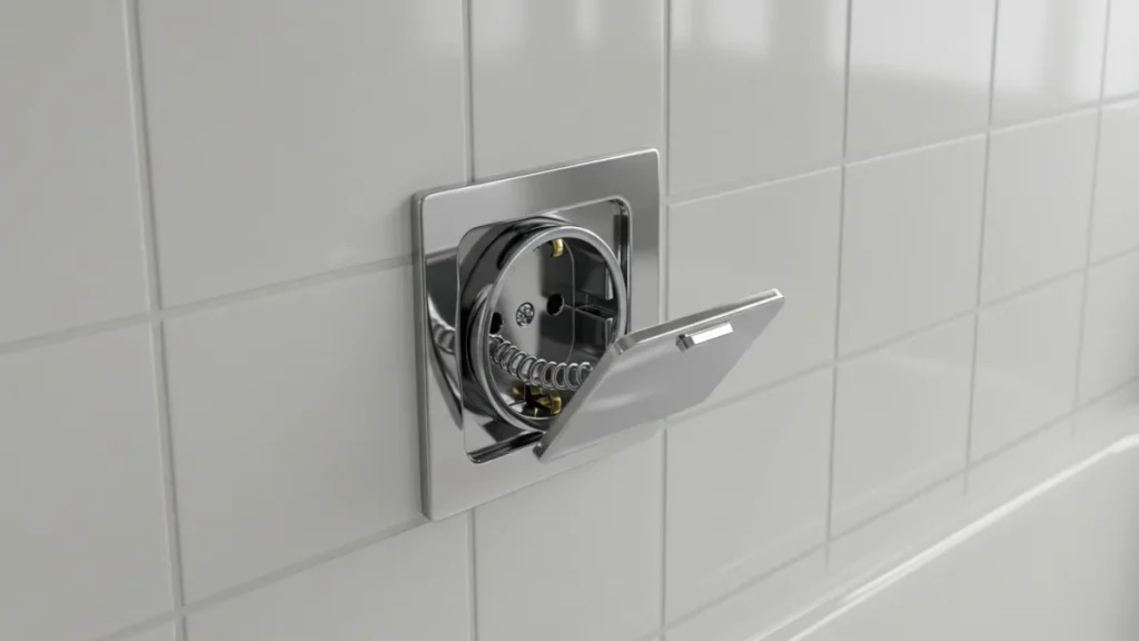 Presa elettrica con coperchio protettivo installata in sicurezza in bagno.