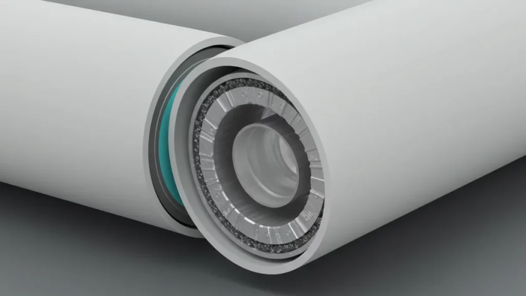 Sezione di un tubo multistrato che mostra i diversi strati (plastica-alluminio-plastica).