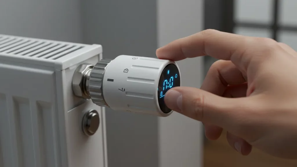 Mano che regola una valvola termostatica installata su un termosifone per il controllo della temperatura.