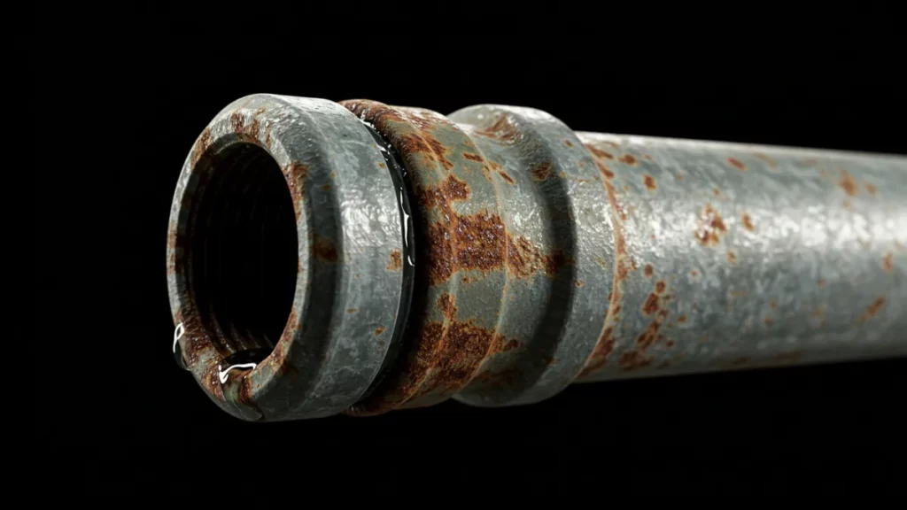Dettaglio di un vecchio tubo metallico fortemente corroso o con una perdita.