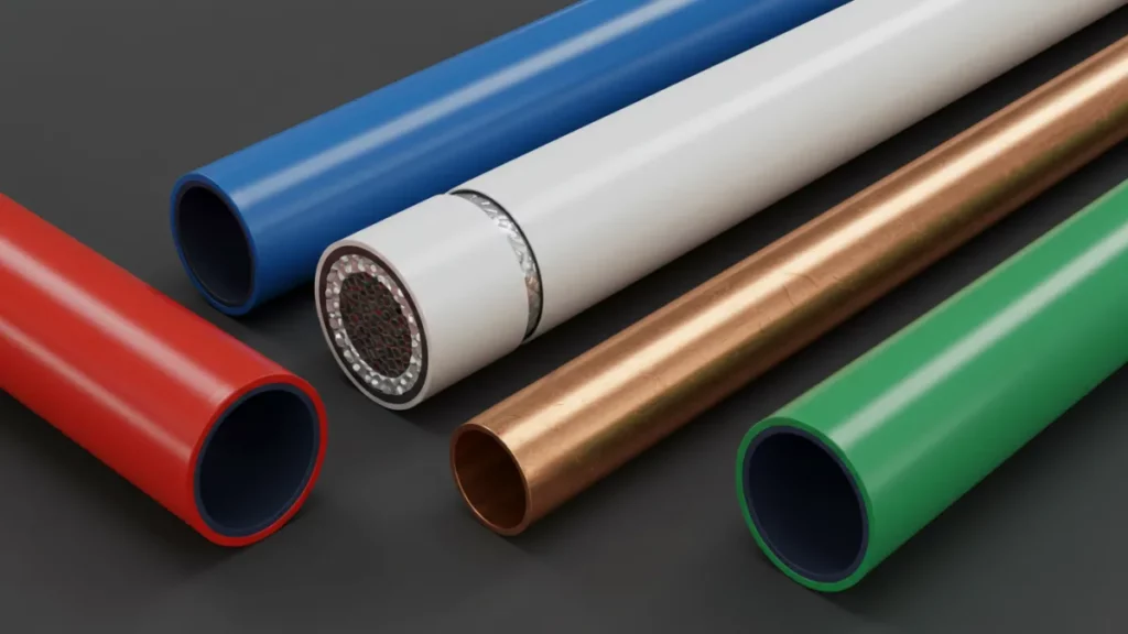 Campioni di tubi idraulici moderni: PEX, multistrato, rame, polipropilene.