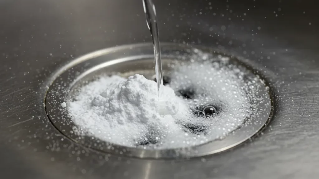 Reazione effervescente di bicarbonato e aceto nello scarico di un lavandino.