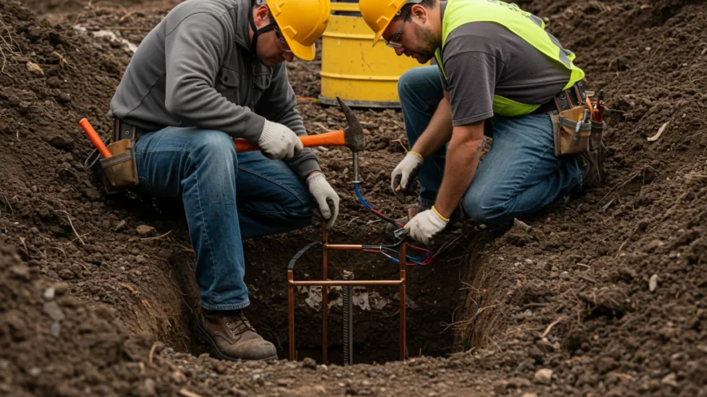 Operai edili che installano o migliorano un dispersore di terra in un cantiere.
