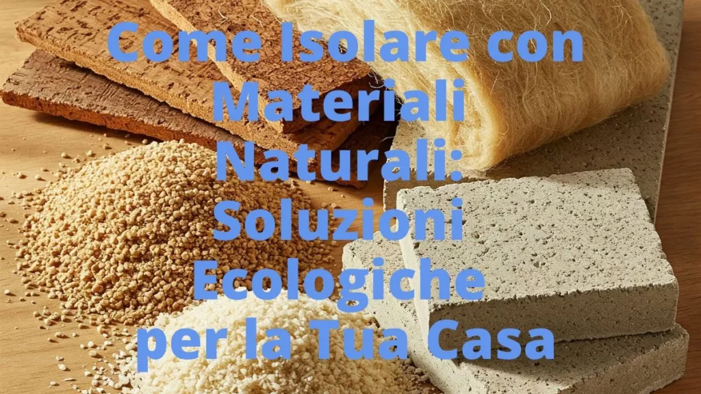 Selezione di materiali isolanti naturali ed ecologici come sughero, fibra di legno, cellulosa e canapa disposti su un tavolo.