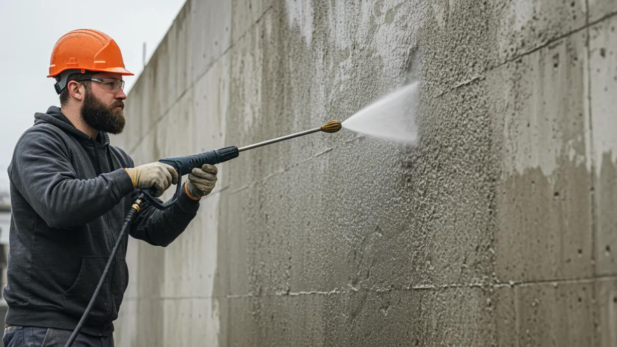 Operatore che pulisce una parete in calcestruzzo con idropulitrice prima dell'impermeabilizzazione.