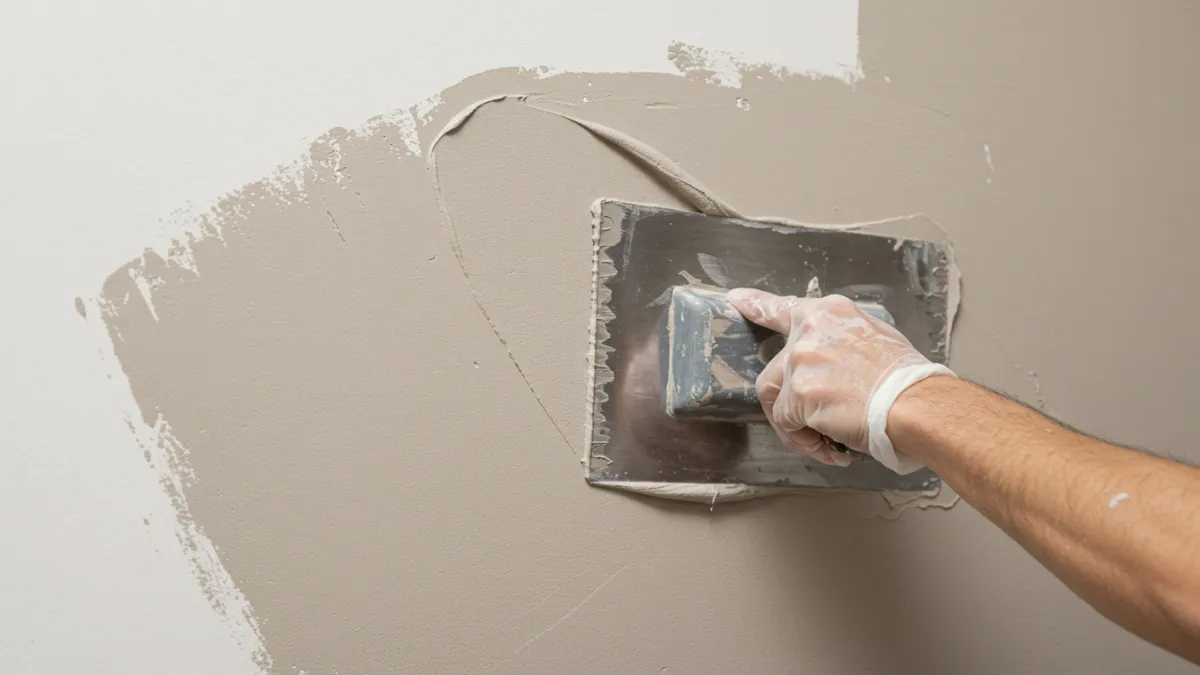 Applicazione dello stucco o spatolato su una parete con spatola metallica.