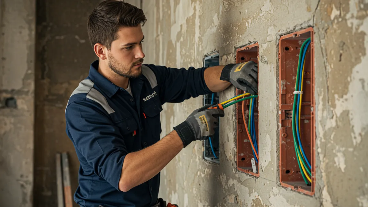 Elettricista che posa nuovi cavi elettrici in tracce a muro durante un rifacimento.