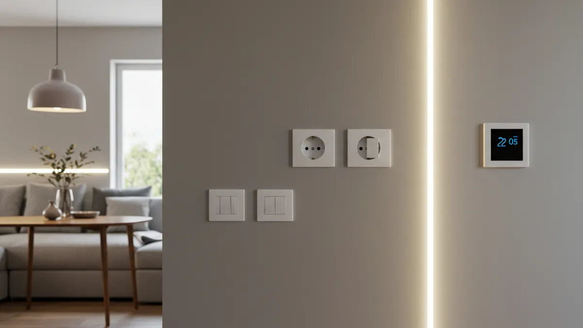 Casa moderna con impianto elettrico efficiente e sicuro, magari con simboli di domotica.