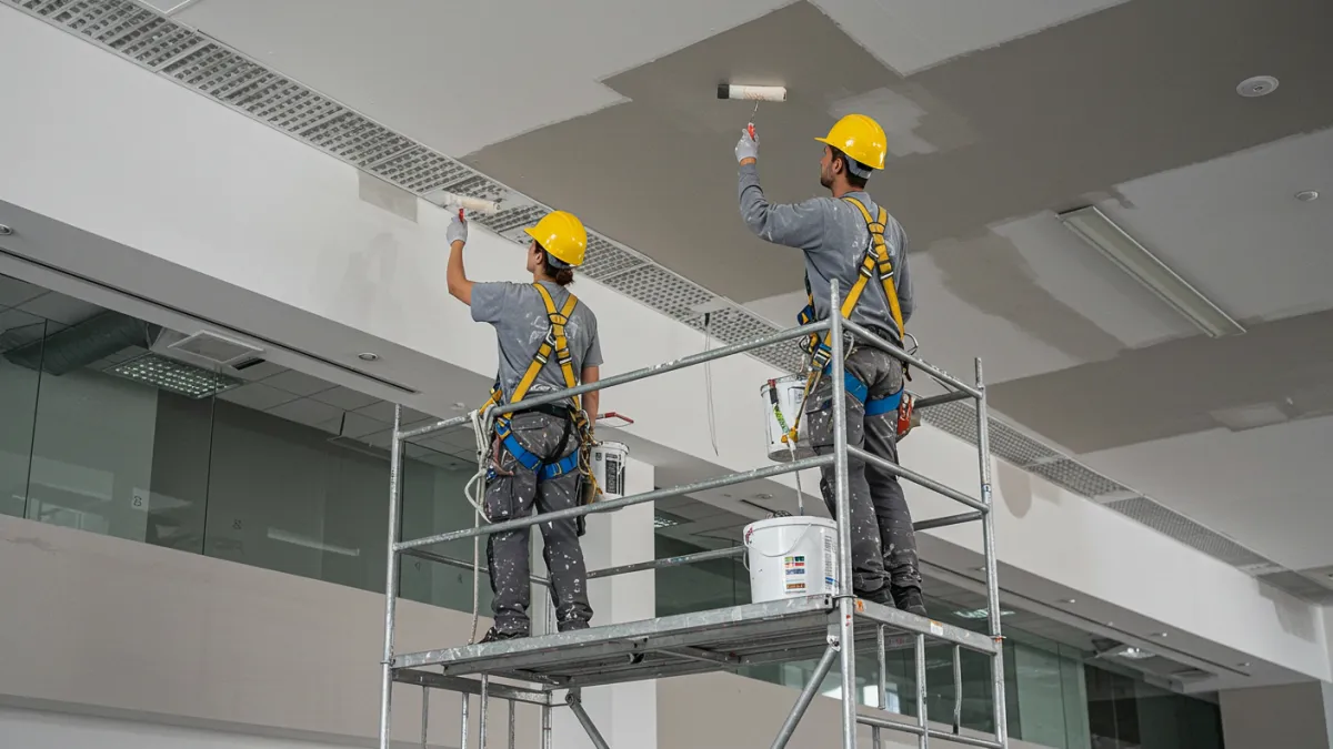 Imbianchini professionisti che lavorano in sicurezza su un'impalcatura per tinteggiare un soffitto alto.
