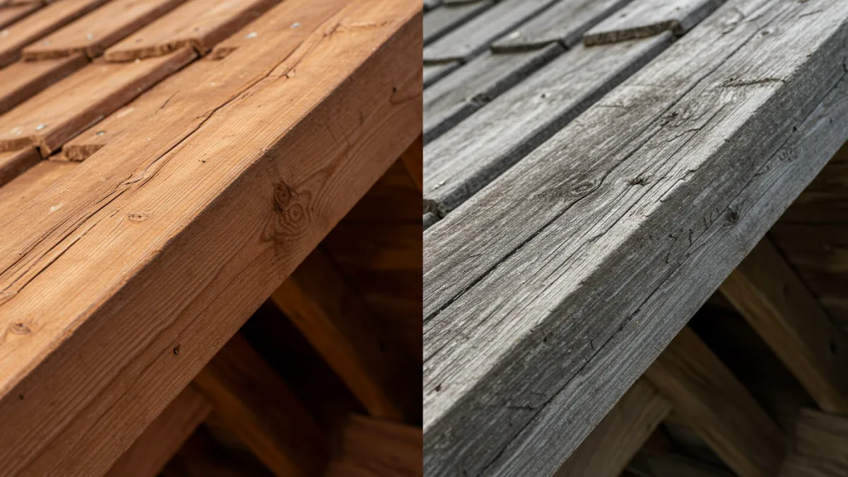 Confronto tra legno del tetto sano e legno degradato da mancata manutenzione.