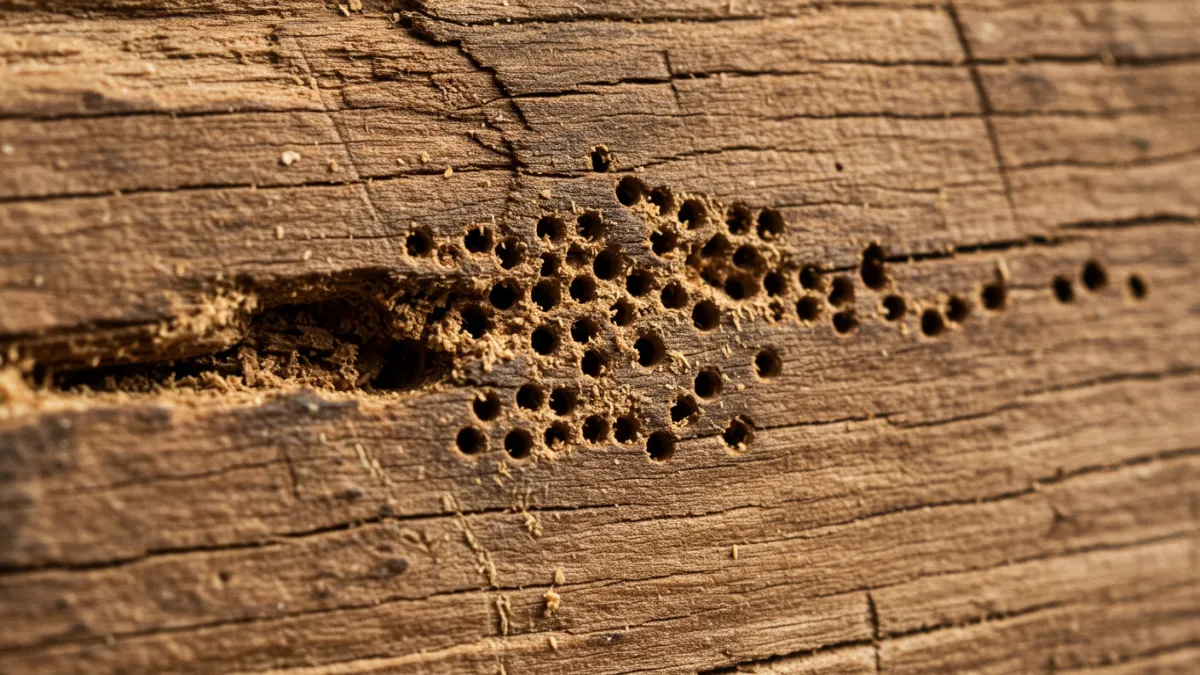 Dettaglio di fori di sfarfallamento di tarli su una trave di legno.
