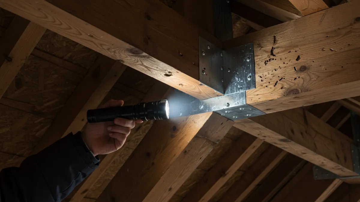 Persona che ispeziona da vicino una trave di legno del tetto con una torcia.