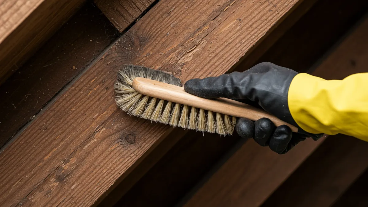 Mano che pulisce delicatamente una superficie in legno del tetto con una spazzola morbida.