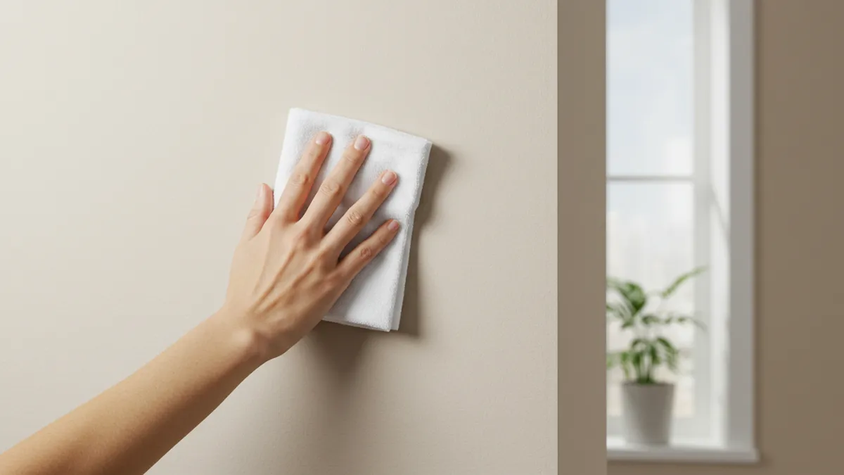 Mano che pulisce delicatamente una parete tinteggiata per manutenzione