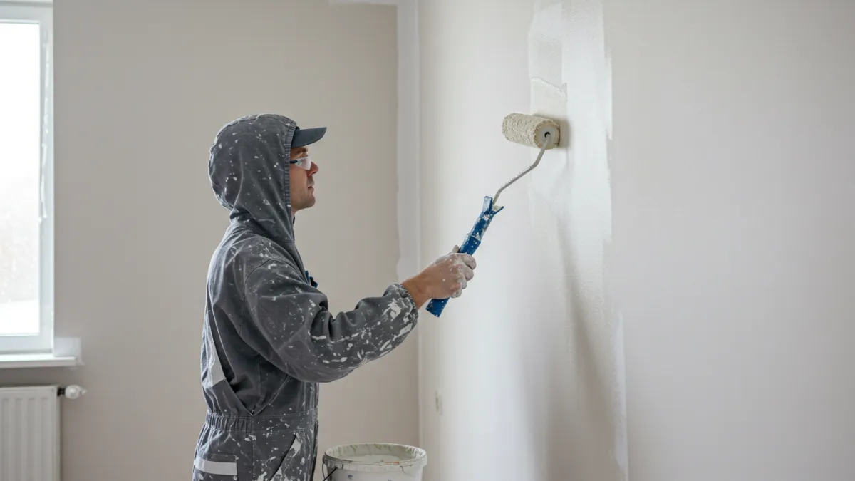 Imbianchino che applica vernice su parete con rullo usando tecnica corretta