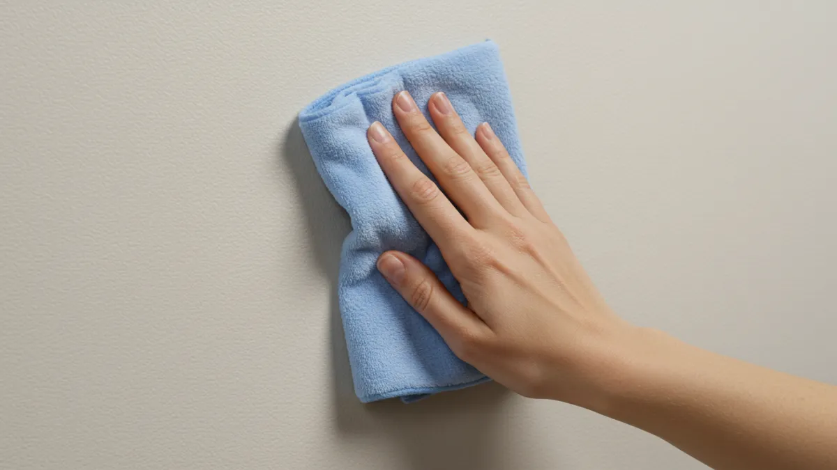 Mano che spolvera delicatamente una parete tinteggiata con un panno in microfibra.