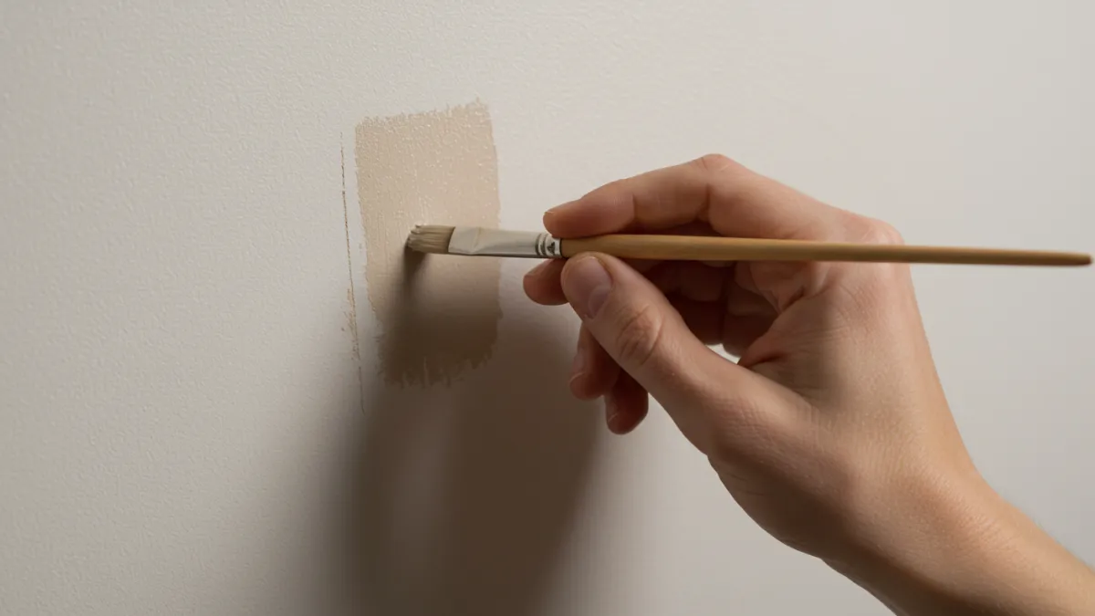Mano che esegue un piccolo ritocco di pittura su un graffio a parete con un pennellino.