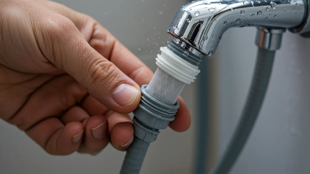 Mano che rimuove e pulisce il filtro di carico dell'acqua di una lavatrice.