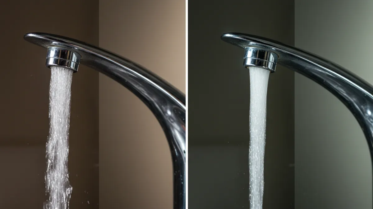 Confronto tra un rubinetto con flusso d'acqua debole e uno con flusso regolare.