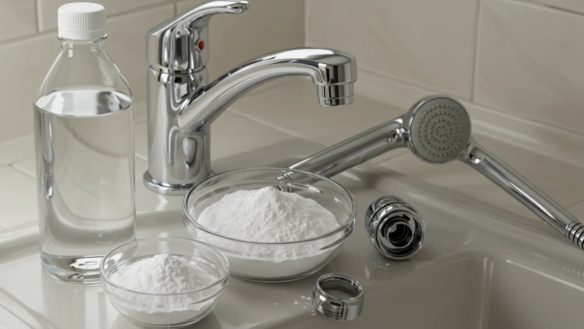 Aceto bianco e bicarbonato vicino a un rubinetto, come rimedi naturali anticalcare.