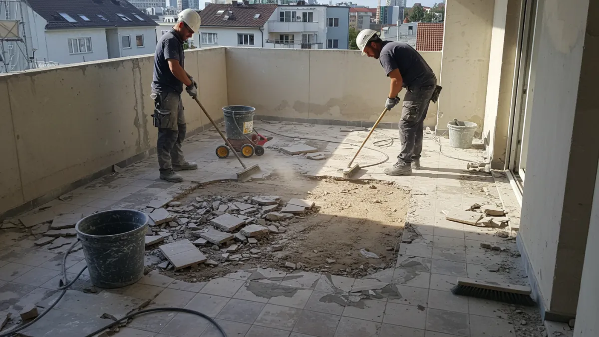 Operai che rimuovono vecchie piastrelle o puliscono il massetto di un balcone.