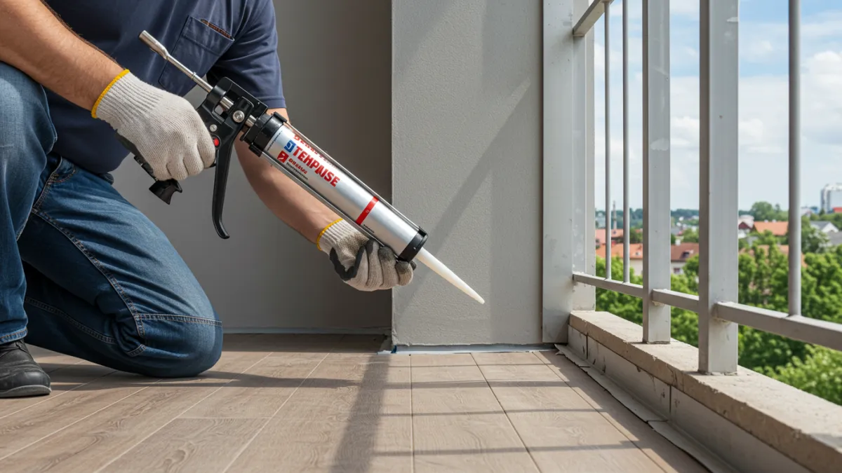 Applicazione di sigillante elastico in un giunto perimetrale del balcone.