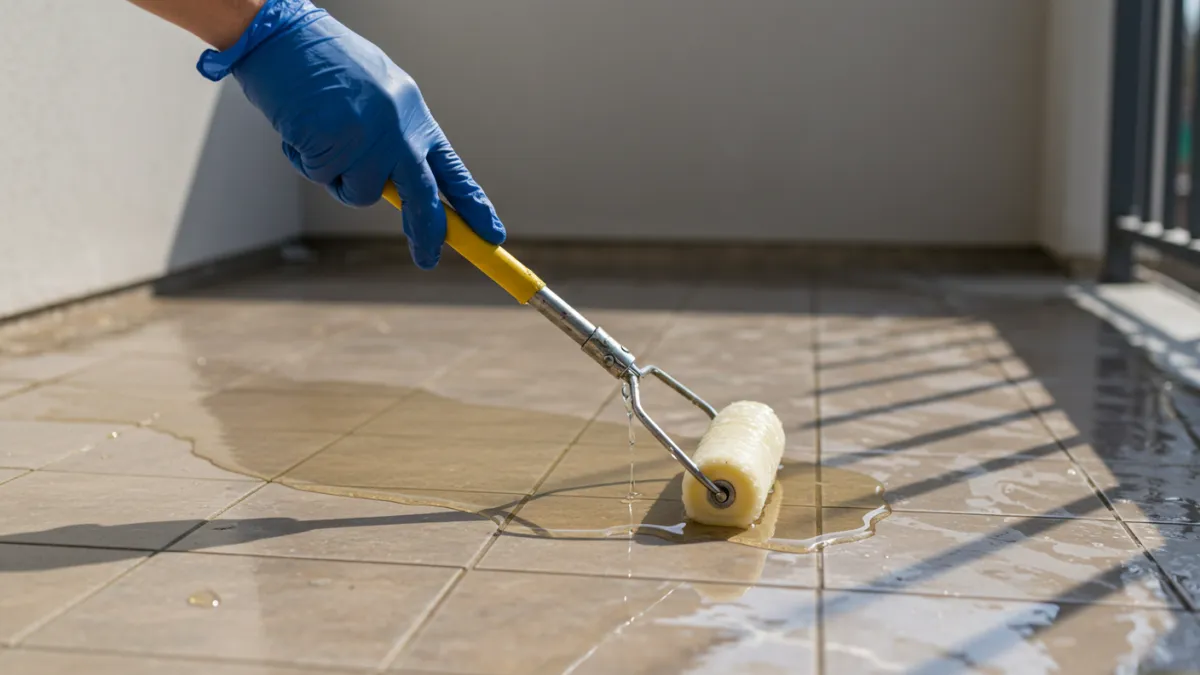 Applicazione di resina trasparente impermeabilizzante su pavimento piastrellato di un balcone.