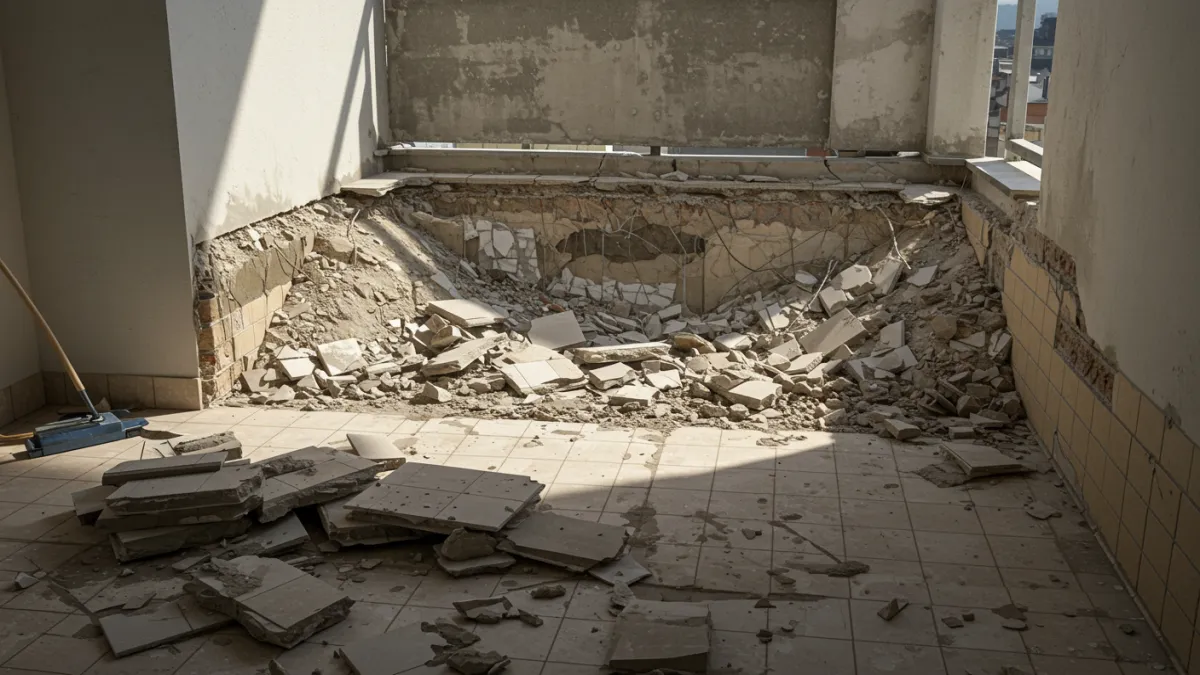 Demolizione di un balcone che rivela un massetto sottostante ammalorato.