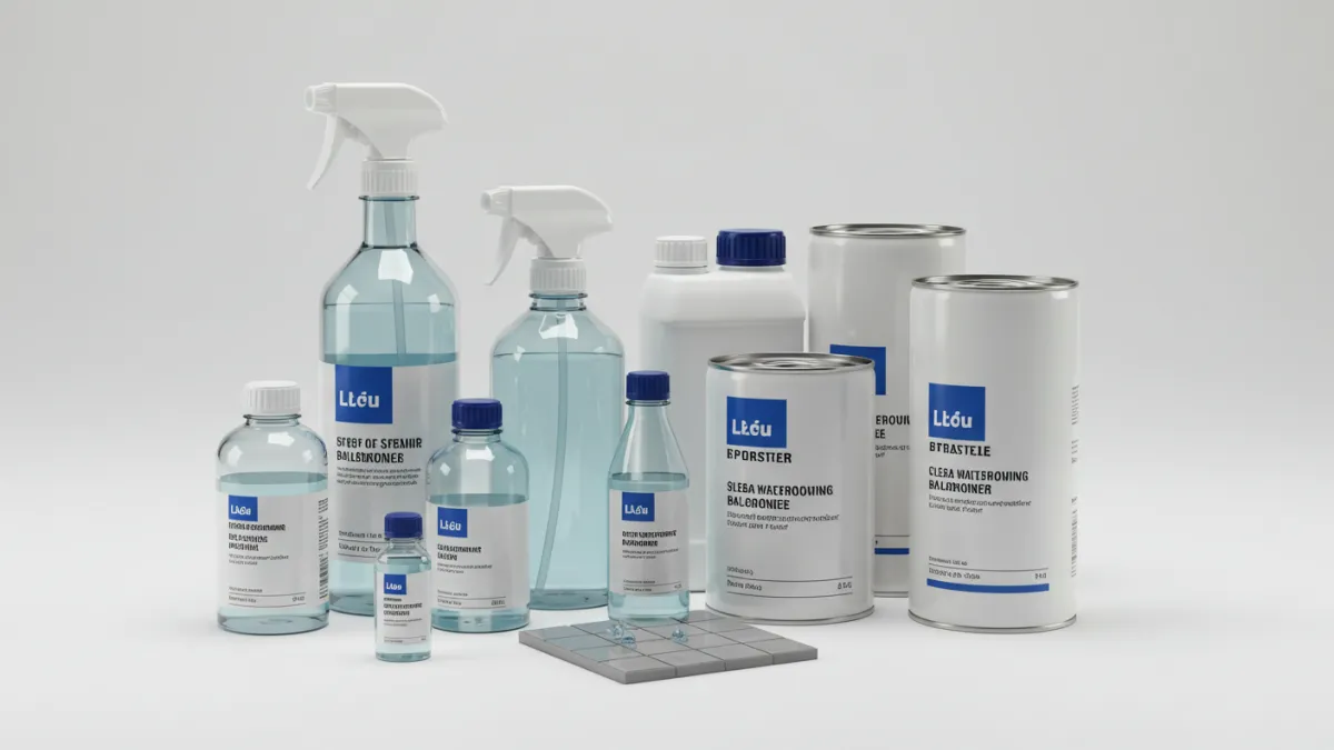 Contenitori di diverse resine liquide trasparenti per impermeabilizzazione.