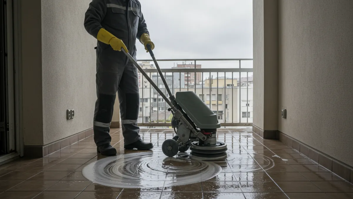 Pulizia approfondita delle fughe e delle piastrelle di un balcone prima del trattamento trasparente.
