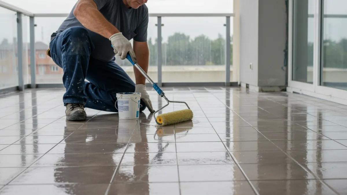 Stesura uniforme della resina liquida trasparente sul balcone piastrellato con rullo.