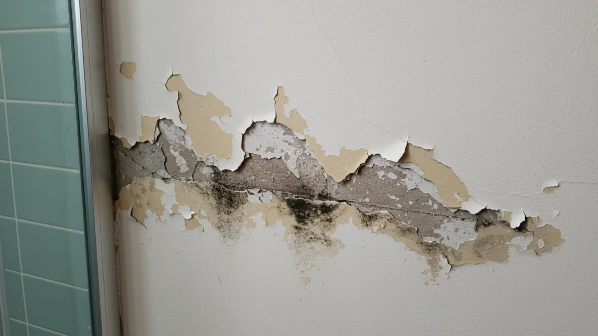Muro adiacente a una doccia con pittura scrostata e muffa dovuta a infiltrazioni.