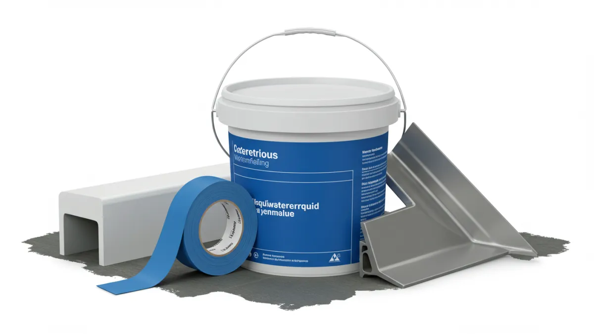 Esempi di materiali per impermeabilizzazione bagno: guaina liquida, nastro sigillante, angolare.